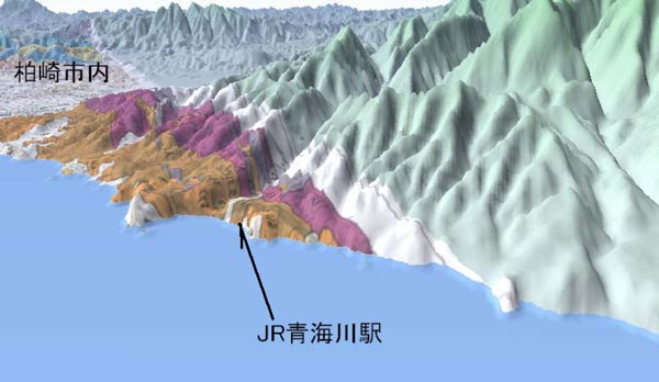 図１　斜面崩壊で被災したJR青海川駅の位置です。図の背景は国土地理院の50mメッシュ標高データと産業技術総合研究所の地質図「柏崎」を使用しています。