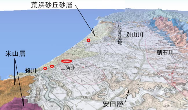 図２　柏崎市内周辺の地形・地質的特徴をあらわしています。赤丸はTV報道から確認した今回の地震の家屋倒壊地点をあらわしています。