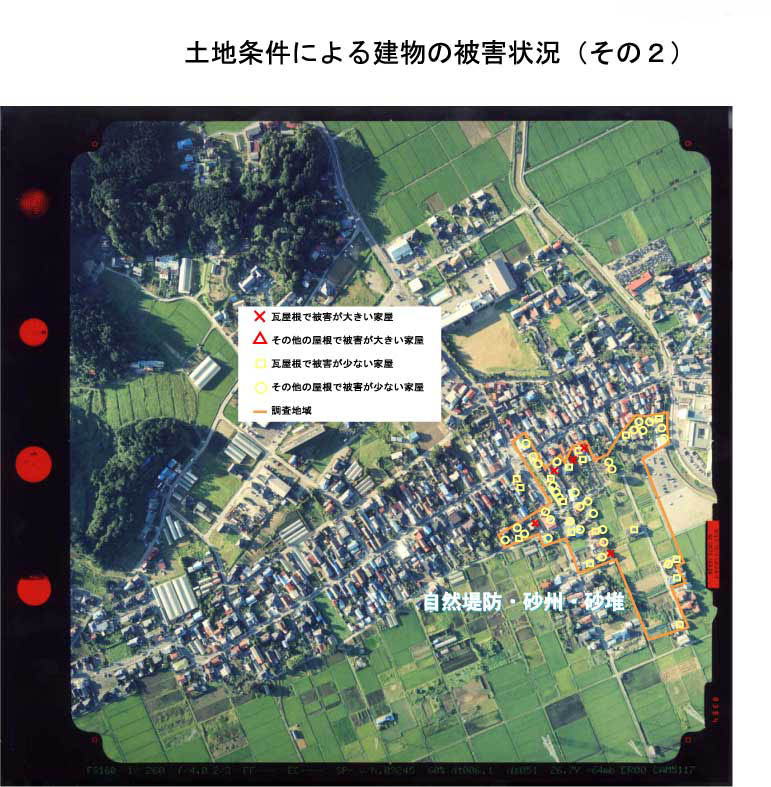 空中写真に記した建物の被害状況図