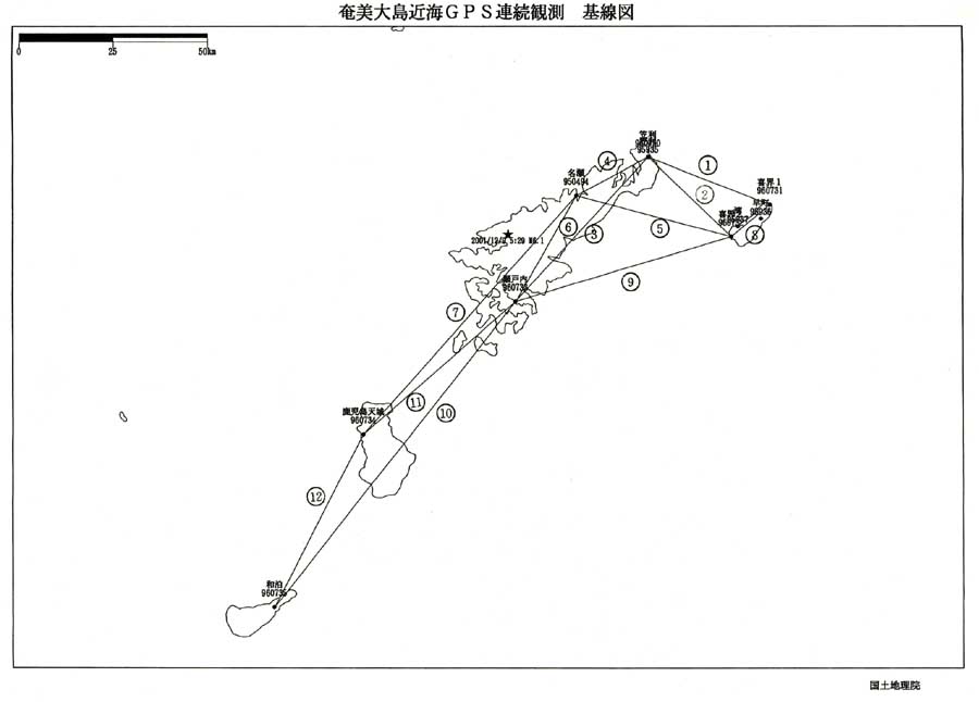 奄美大島近海ＧＰＳ連続観測　基線図