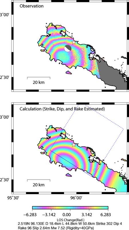 震源断層モデルと地殻変動（合成開口レーダー干渉解析との比較）