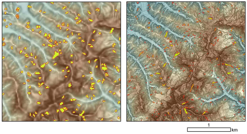 地形図ベースのDEM崩壊地分布図と航空レーザDEM及びオルソ画像による崩壊地分布図