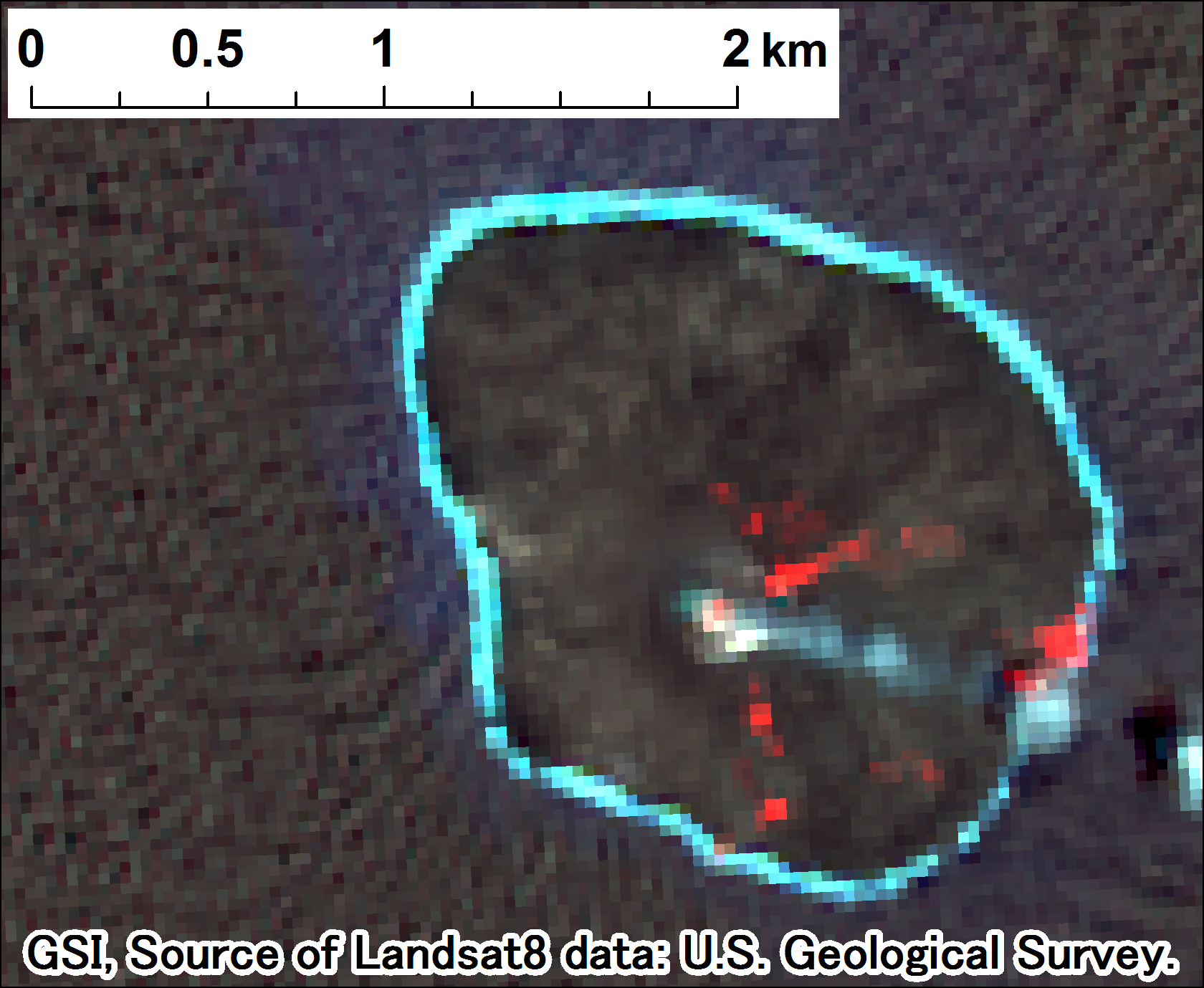 西之島付近の噴火、Landsat-8、2015年8月24日 false