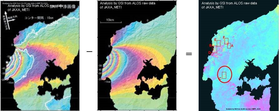 図1　平成19年能登半島地震の前後のデータによるSAR干渉画像３図（図は宇根ほか(2008)による）