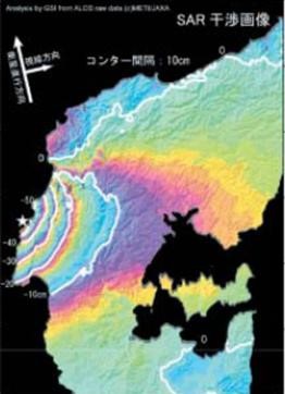 平成19年能登半島地震の前後のデータ解析により作成されたSAR干渉画像の図