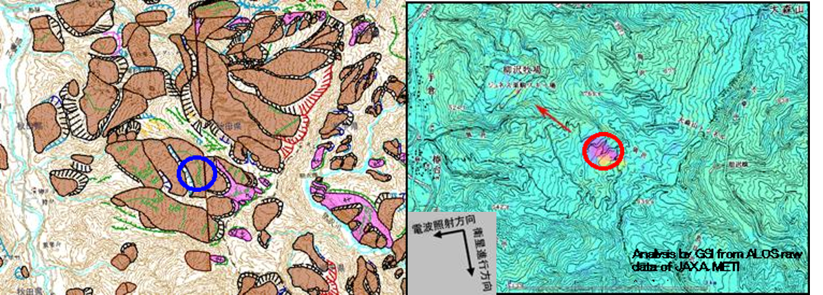 秋田県東成瀬地区の狼沢地すべり周辺の地すべり地形分布図（左）とSAR干渉画像（右）の比較