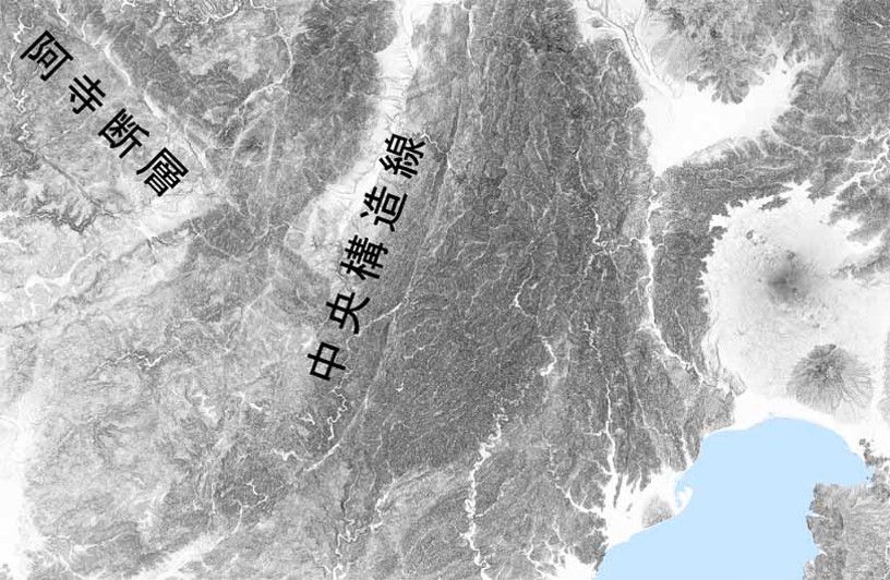 三河高原、赤石山脈、富士山付近の傾斜量図