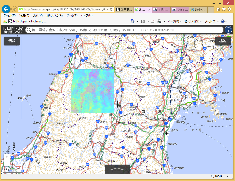 図３　地理院地図上に表示されたSAR干渉画像（ステップ１）