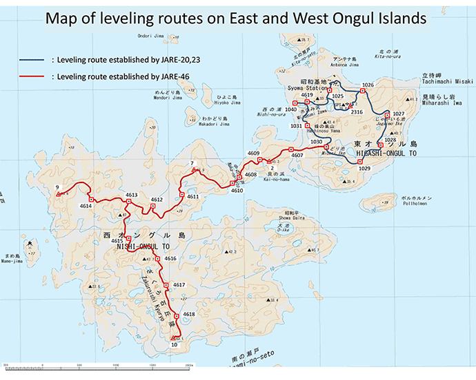 Map of leveling routes on East and West Ongul Islands