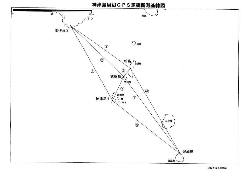 神津島周辺GPS連続観測基線図