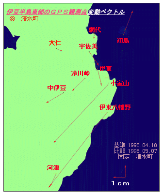 伊豆半島東部の水平変動ベクトル図