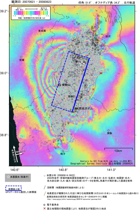 画像：西南西からの干渉画像と余震分布、矩形断層、活断層、地質断層、地表変状