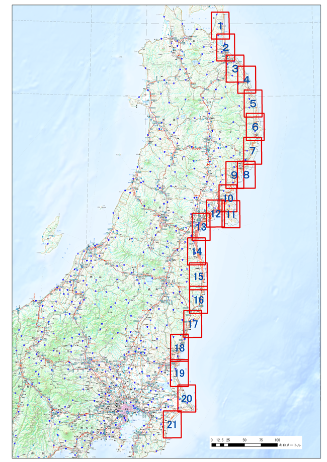 青森県から千葉県における津波で浸水した地域の土地利用を示した図