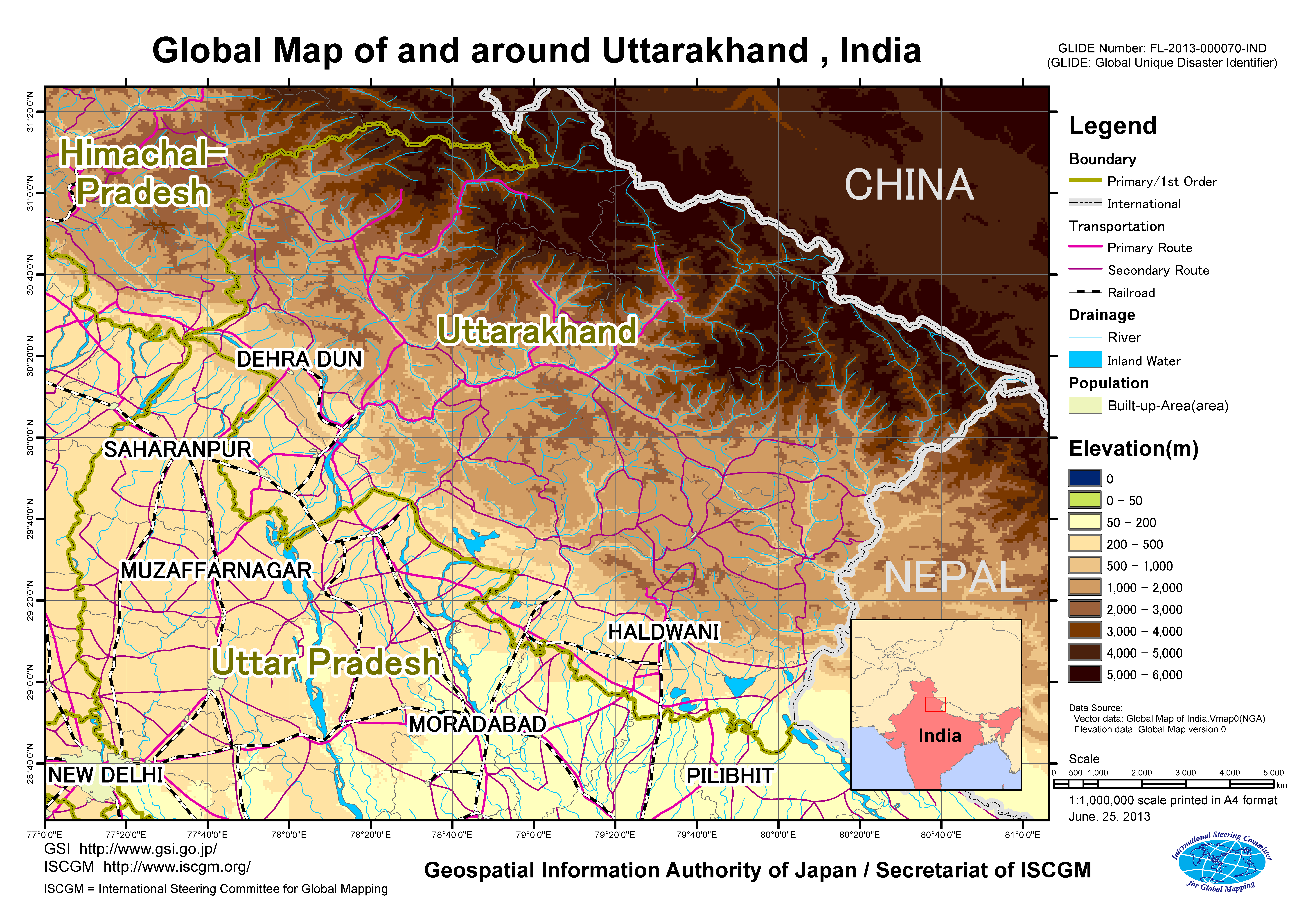 インド北部の洪水災害 平成25年6月 国土地理院