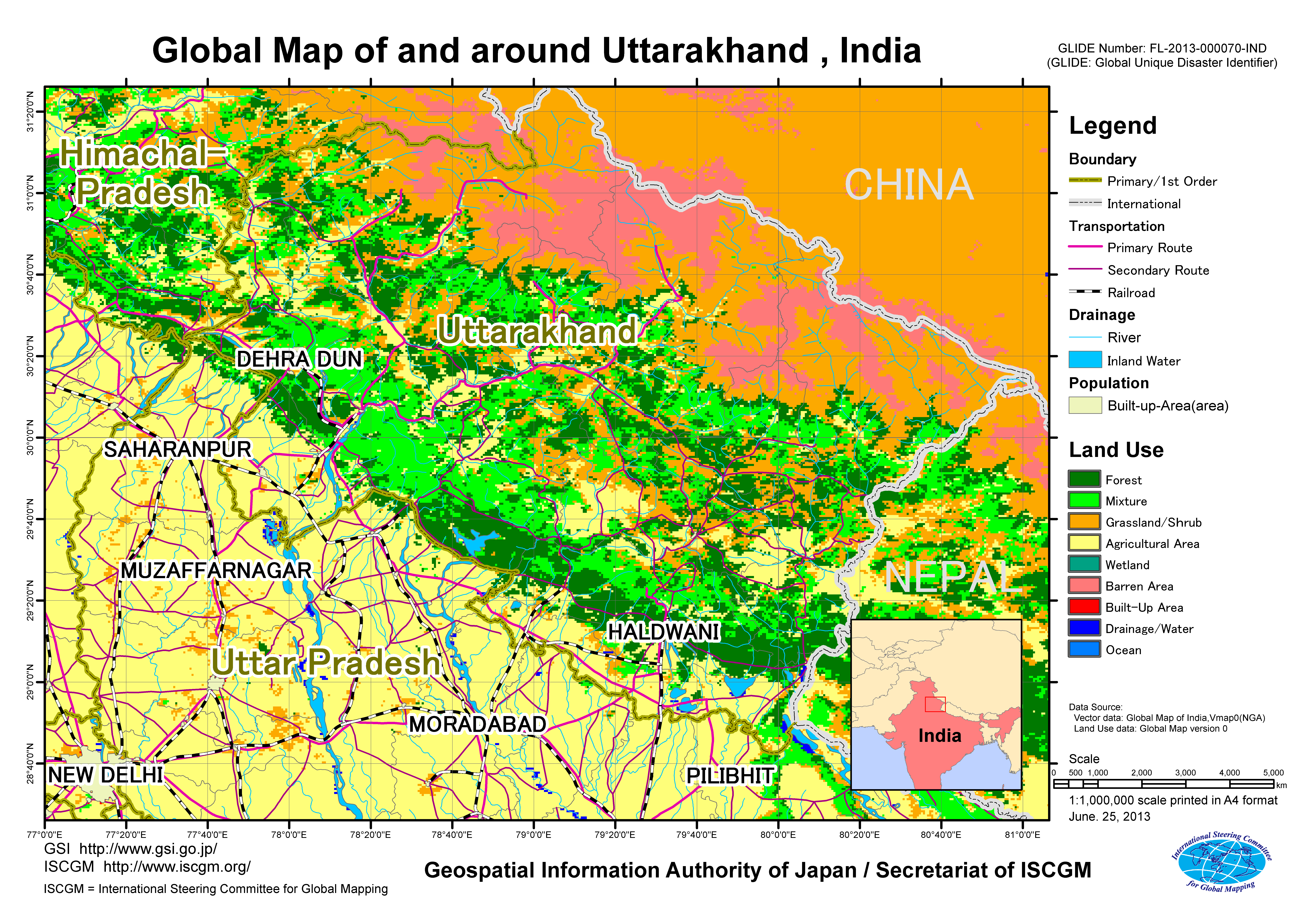 インド北部の洪水災害 平成25年6月 国土地理院