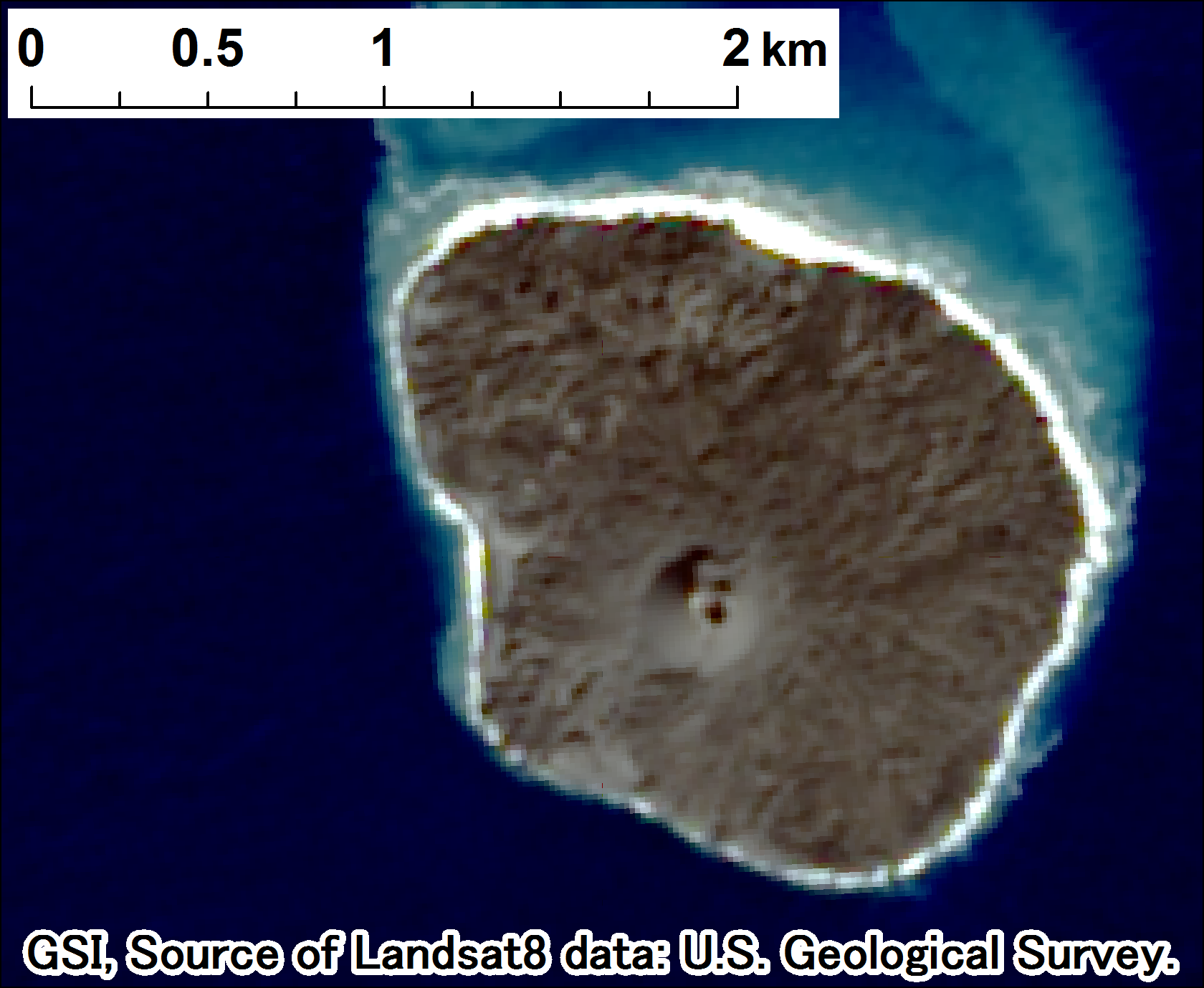 西之島付近の噴火、Landsat-8、2015年12月14日