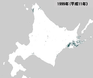 図２：北海道における1999年（平成11年）の湿地の分布図