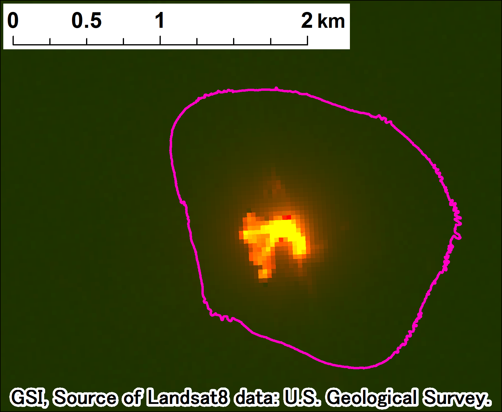 西之島付近の噴火、Landsat-8、2017年4月19日 band7,6