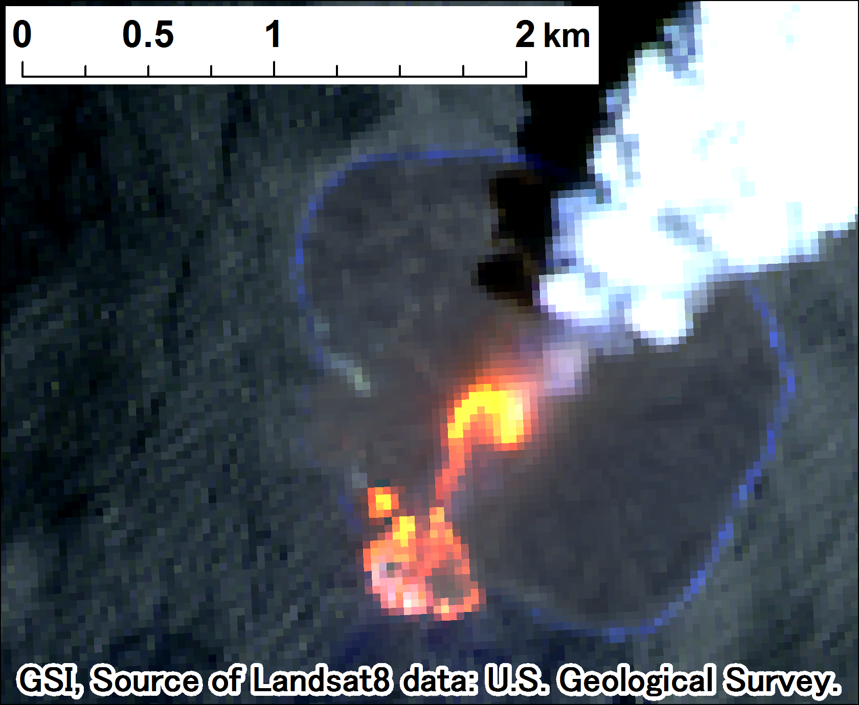 西之島付近の噴火、Landsat-8、2017年5月9日 band7,6,4