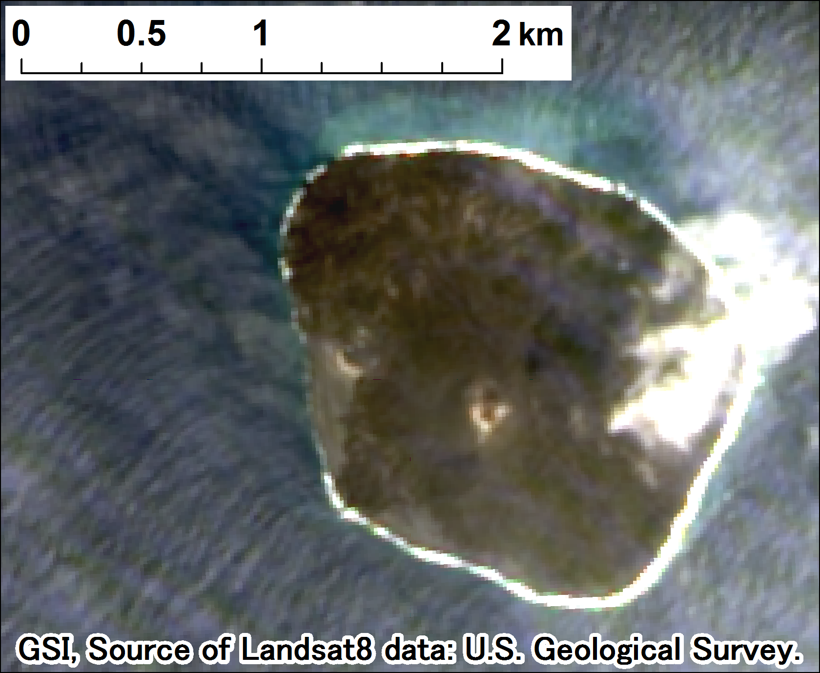 西之島付近の噴火、Landsat-8、2017年4月7日 ps
