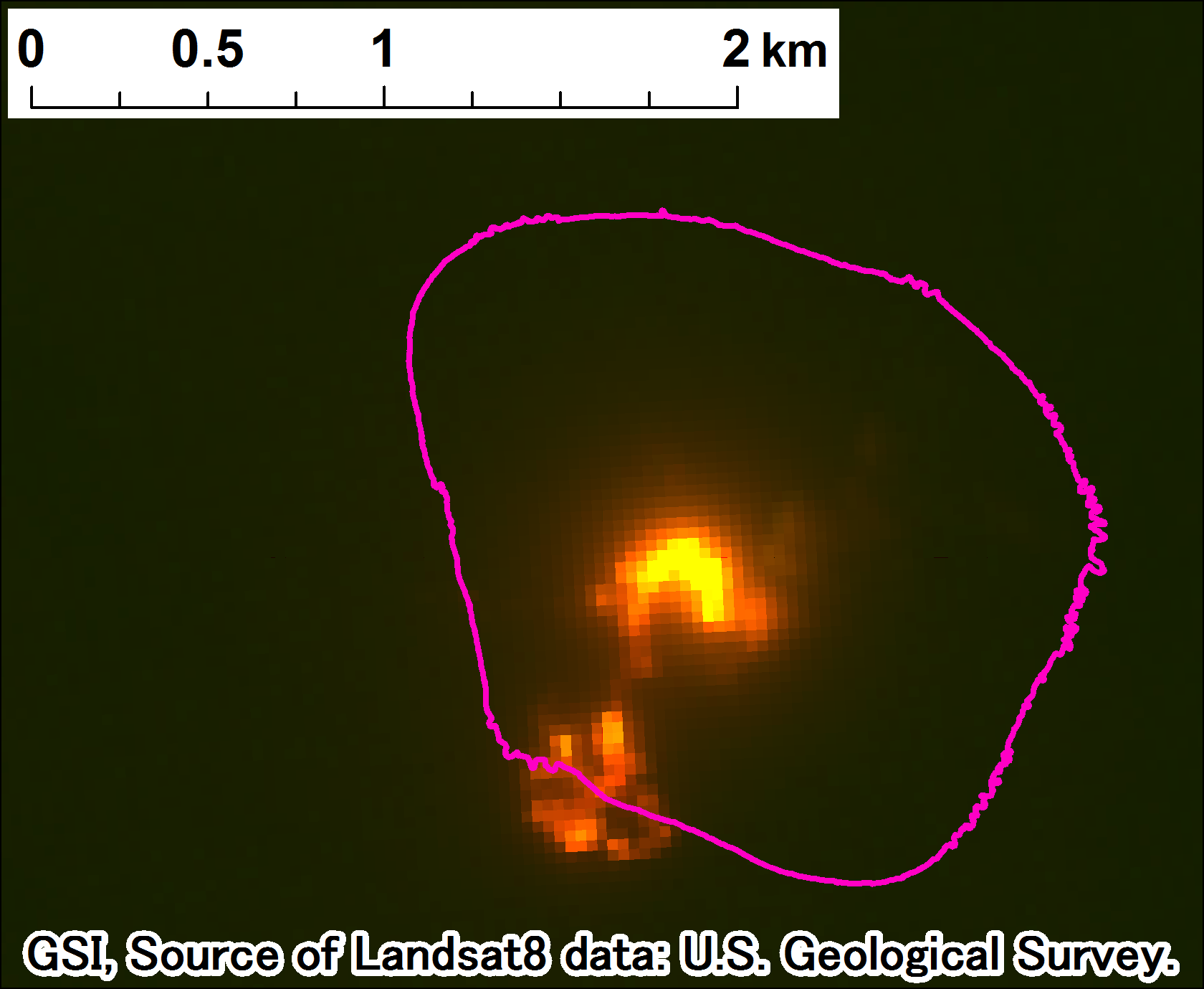 西之島付近の噴火、Landsat-8、2017年5月5日 band7,6