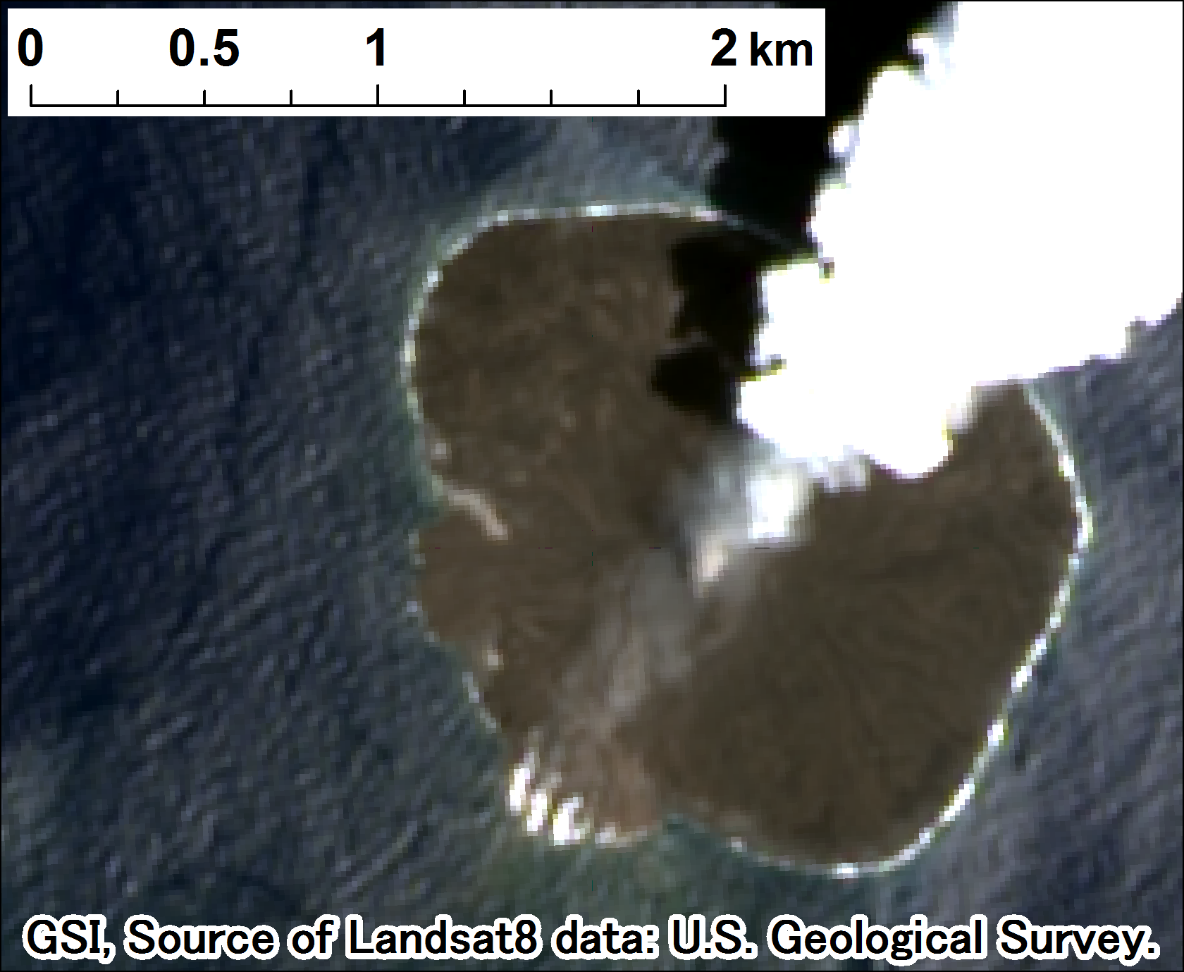 西之島付近の噴火、Landsat-8、2017年5月9日 ps
