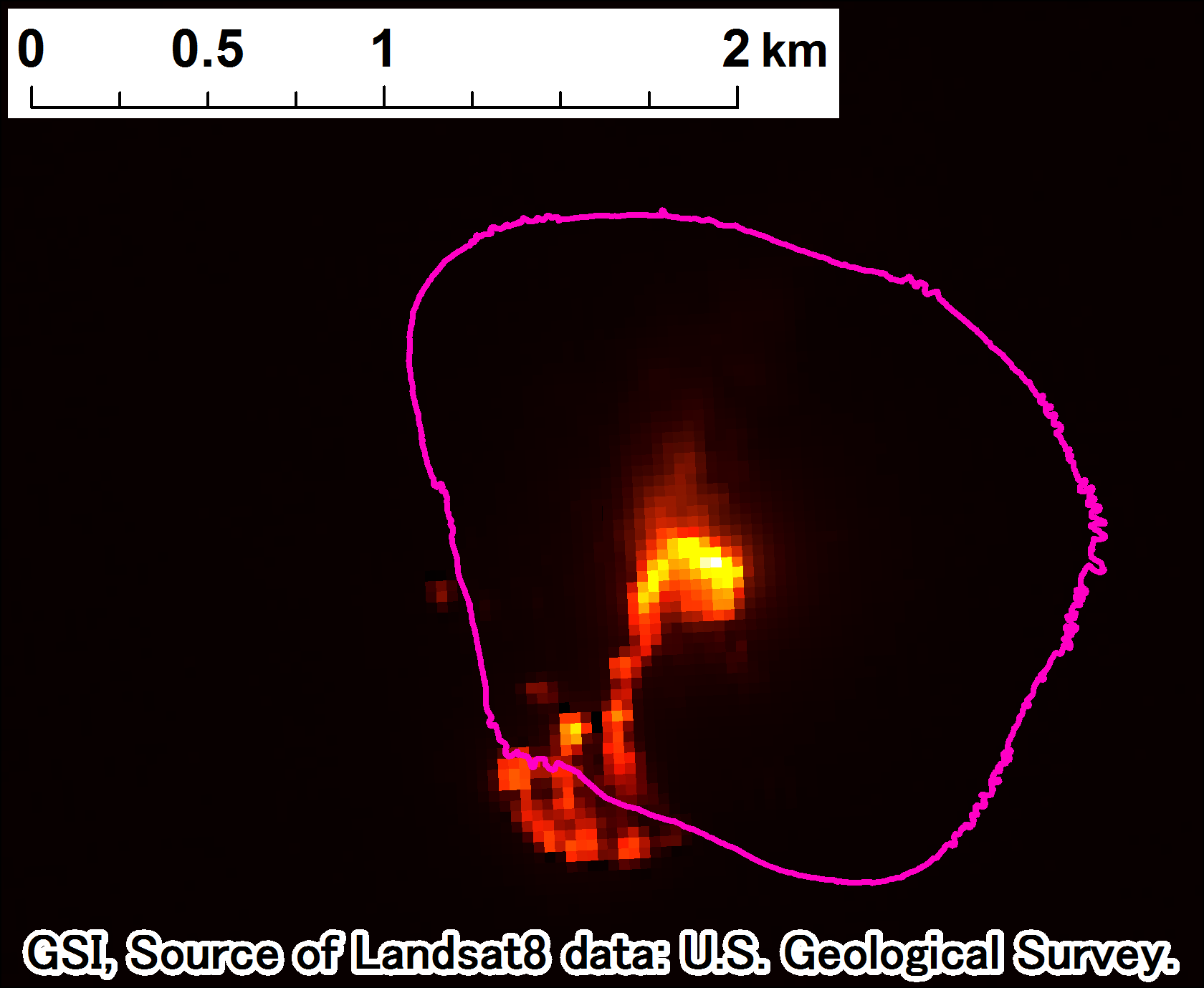 西之島付近の噴火、Landsat-8、2017年5月12日 band7,6