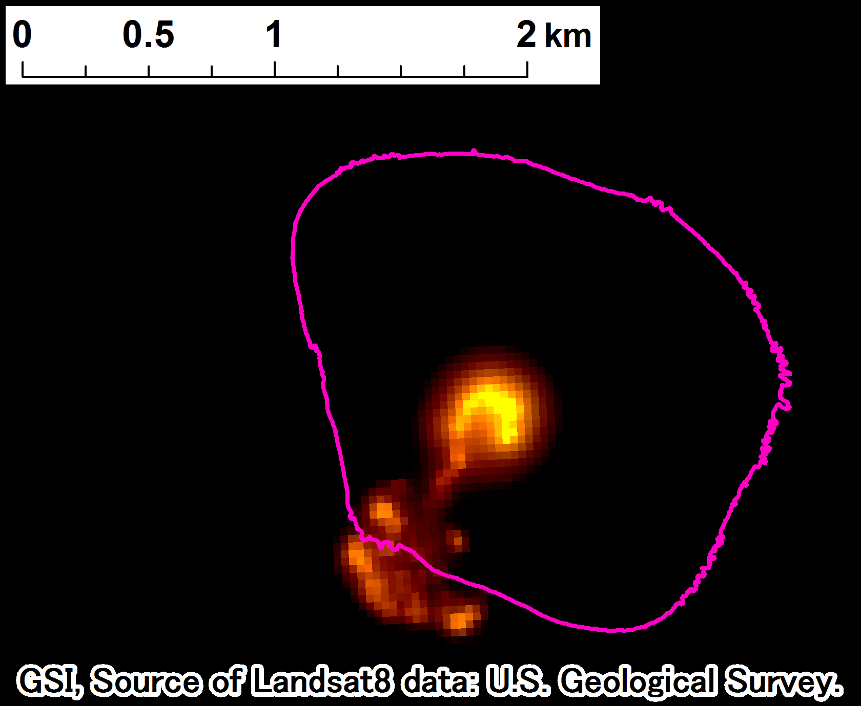 西之島付近の噴火、Landsat-8、2017年5月21日 band7,6