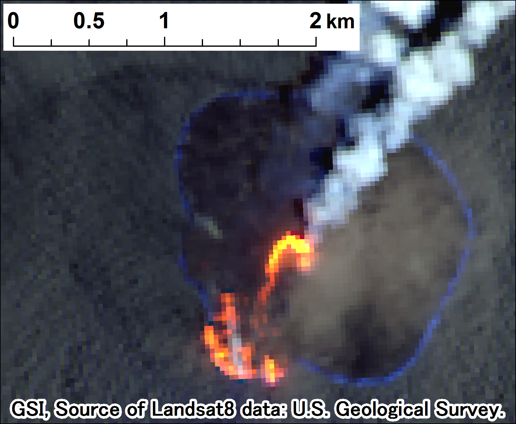 西之島付近の噴火、Landsat-8、2017年5月25日 band7,6,4