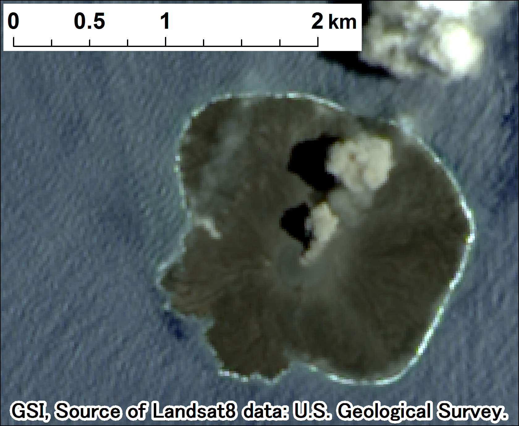 西之島付近の噴火、Landsat-8、2017年6月26日 ps
