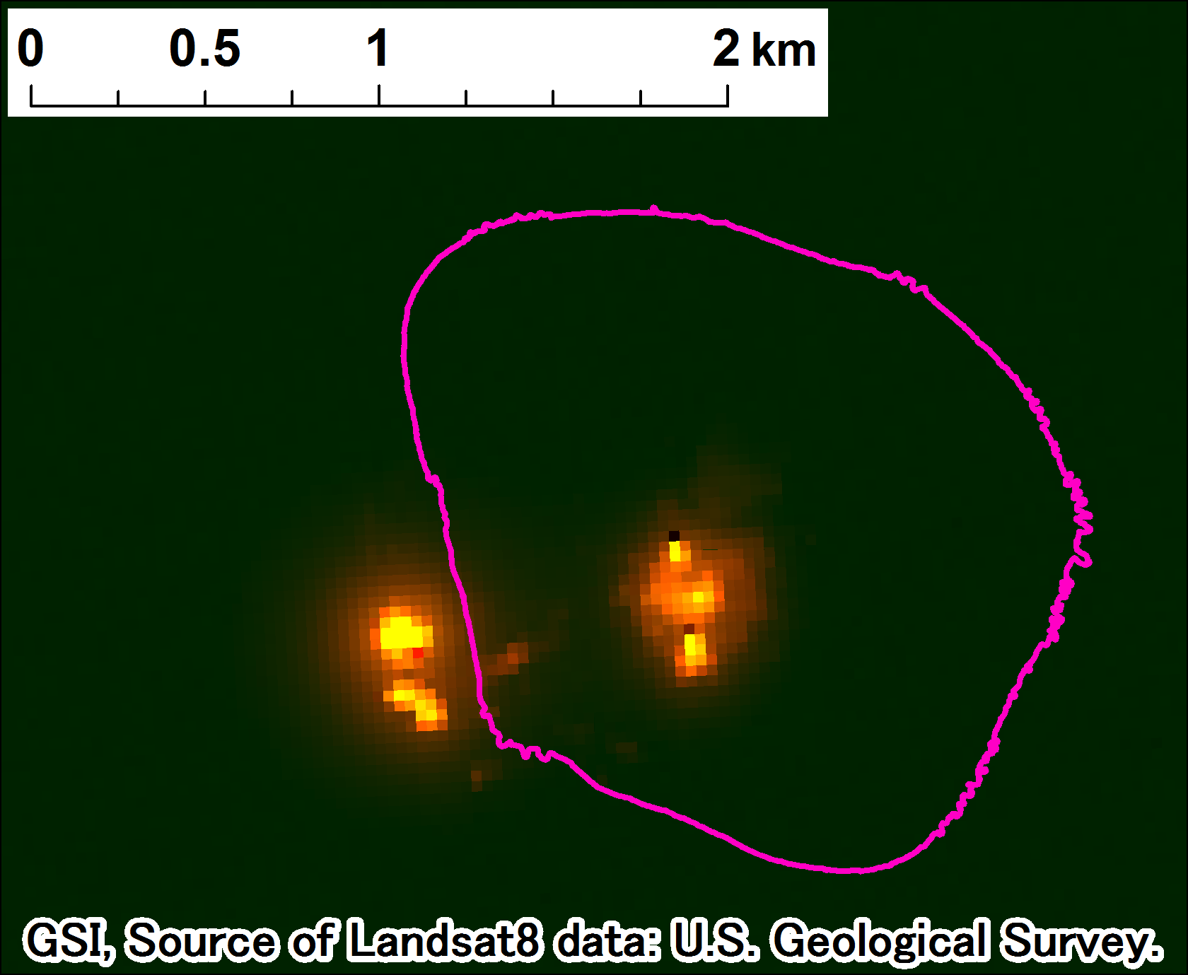 西之島付近の噴火、Landsat-8、2017年6月22日 band7,6