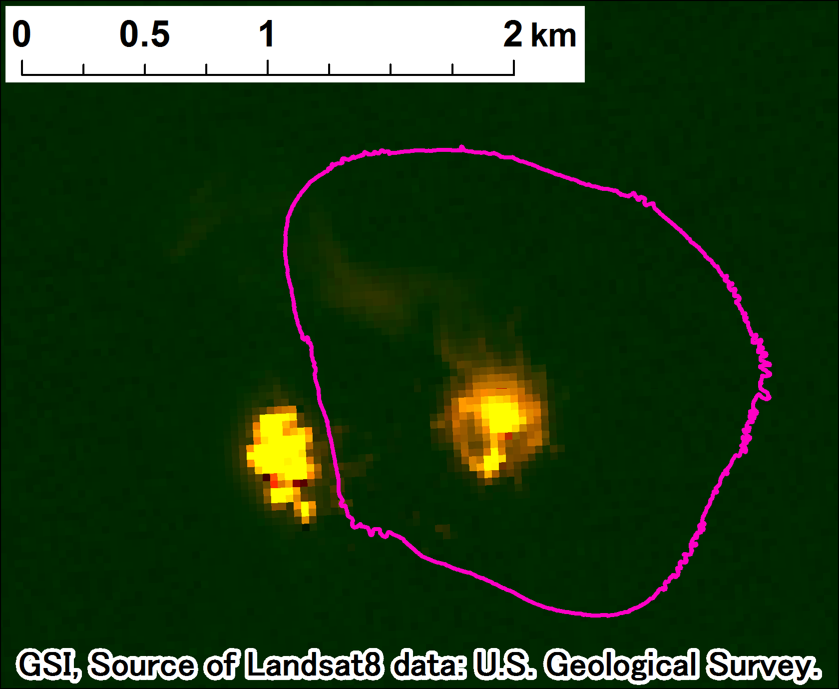 西之島付近の噴火、Landsat-8、2017年6月29日 band7,6