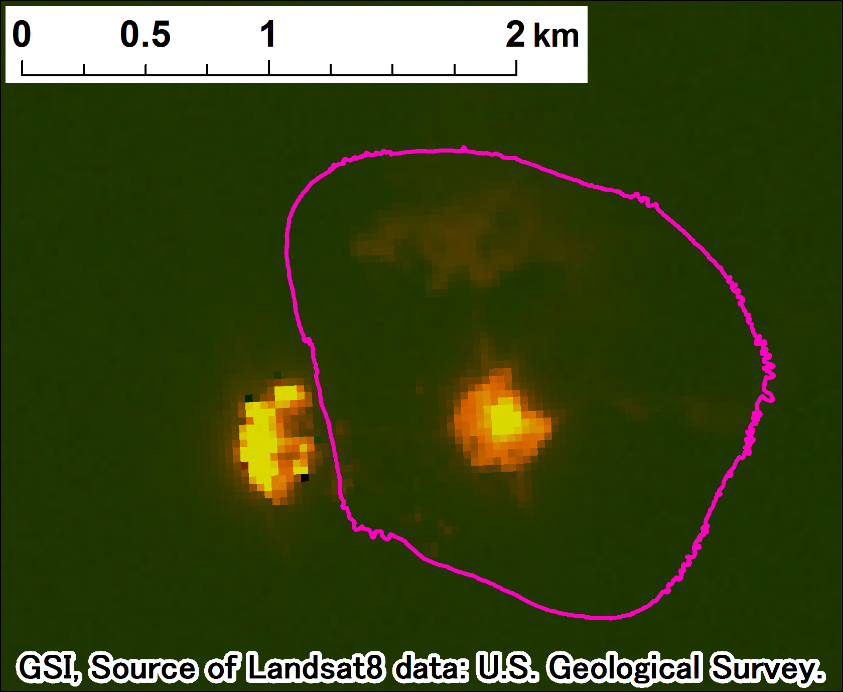 西之島付近の噴火、Landsat-8、2017年7月15日 band7,6