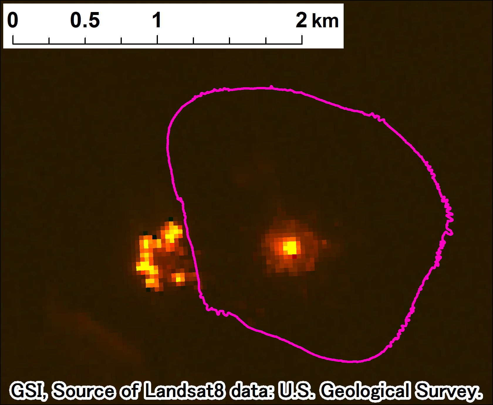 西之島付近の噴火、Landsat-8、2017年7月24日 band7,6