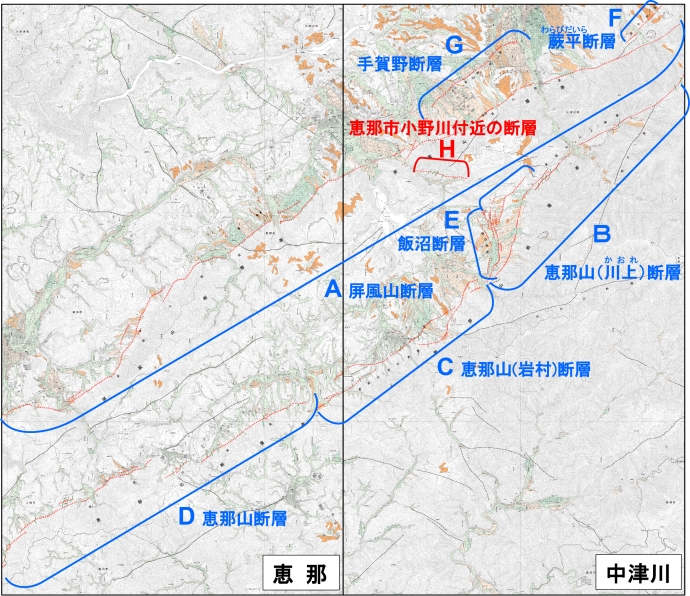 都市圏活断層図「中津川」「恵那」全体画像に地理院地図へのリンク付き