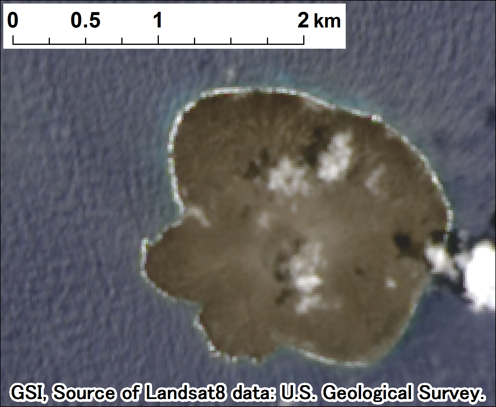 西之島付近の噴火、Landsat-8、2017年8月13日 ps