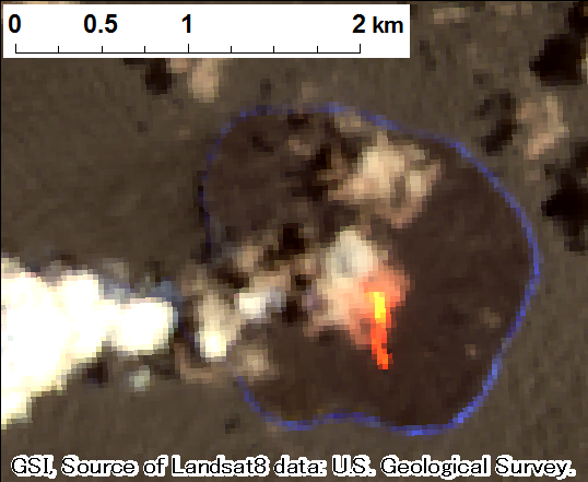 西之島付近の噴火、Landsat-8、2018年7月15日 band7,6,4