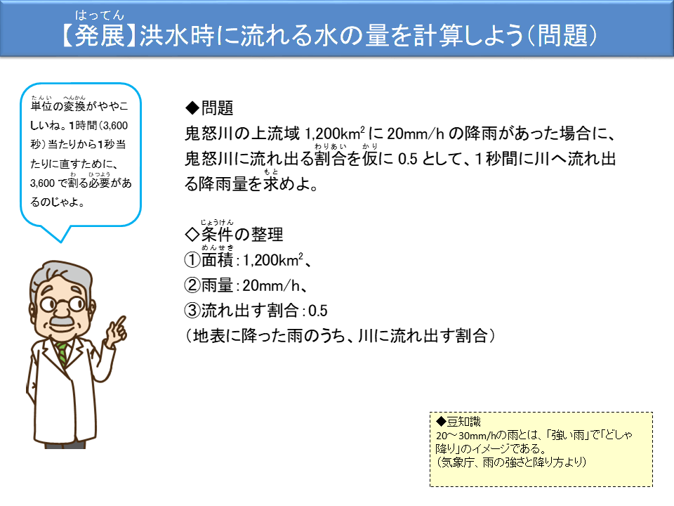 発展洪水時に流れる水の量を計算しよう（問題）