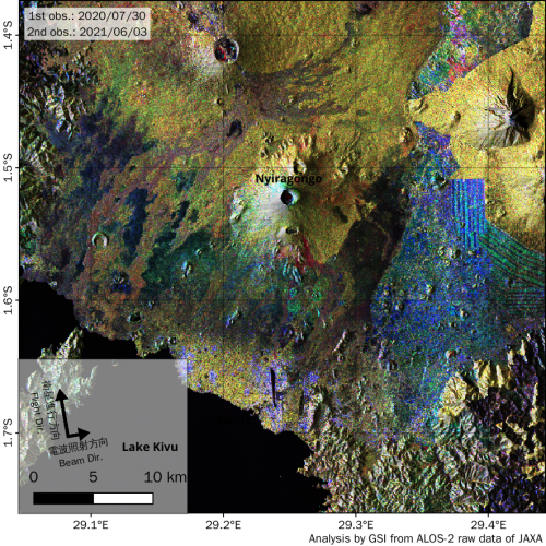 図8. 2020/07/30と2021/06/03の強度画像を利用した加色混合法（RGB合成画像）による解析。ニーラゴンゴ火山の南側山腹から溶岩が流出したことが示唆されます（赤色の領域）。