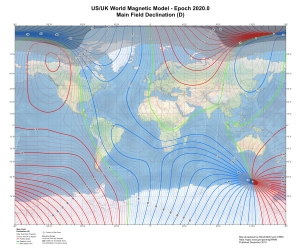 地磁気（偏角）の世界磁気モデルを表しています。（出典：アメリカ海洋大気庁（NOAA）HP）