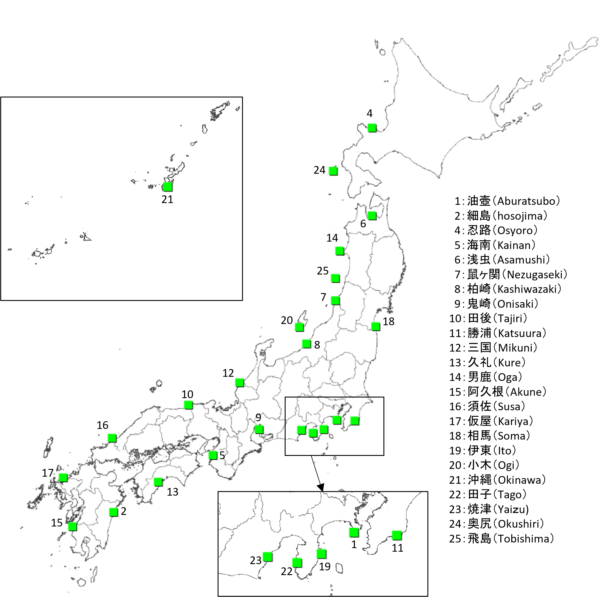 Locations of the tidal stations of the Geospatial Information Authority of Japan